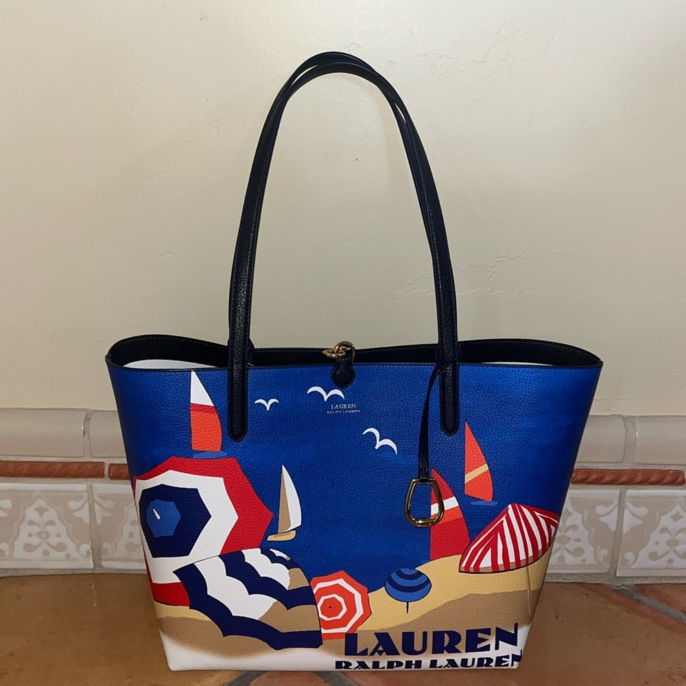 Ralph Lauren Beach Print Faux Leather Large Purse with Small Wallet Bag
